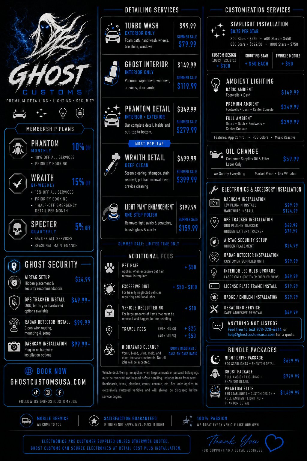 Ghost Customs full service & pricing menu